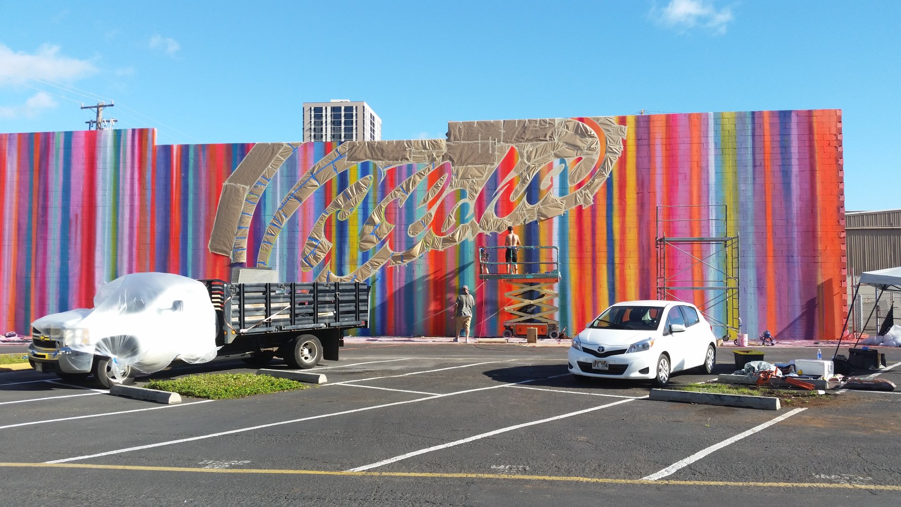 Risk at work on his giant wall for Pow Wow 2016