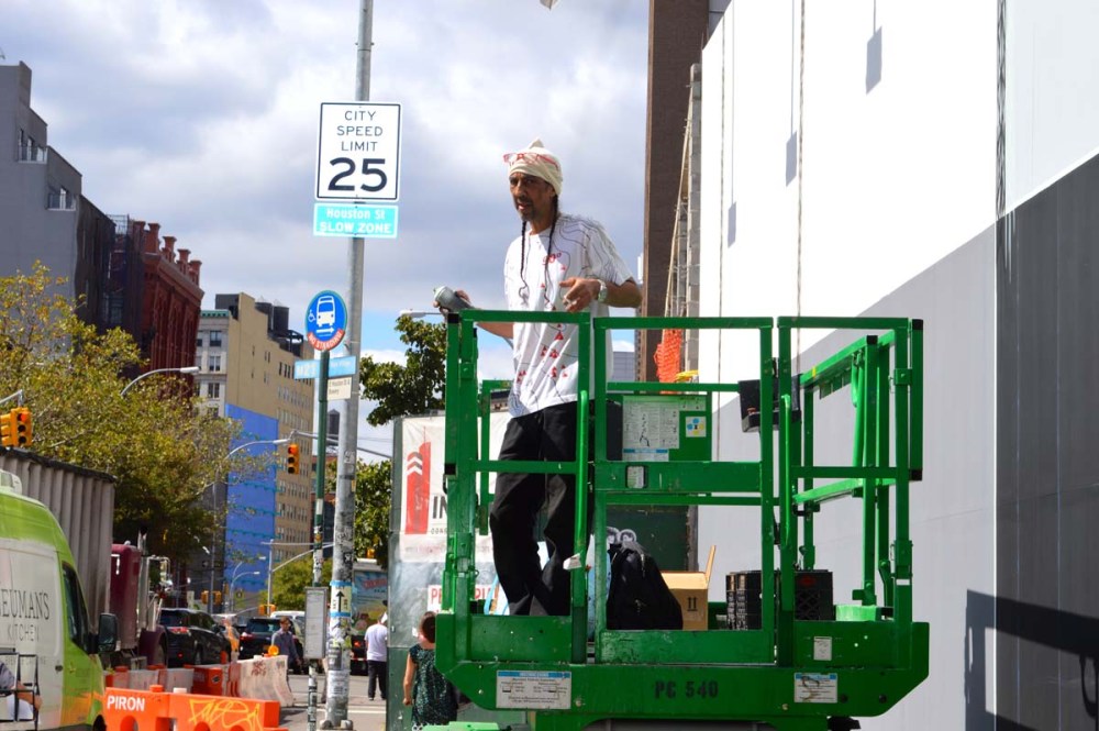 Futura on the lift at the Bowery Wall