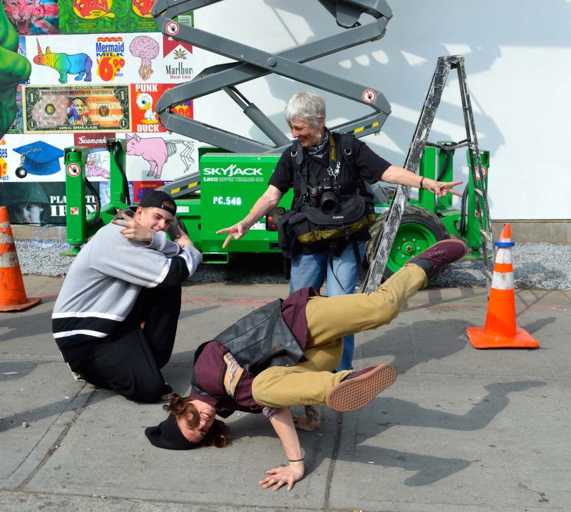 Martha Cooper enjoys a little break dancing in front of the new wall