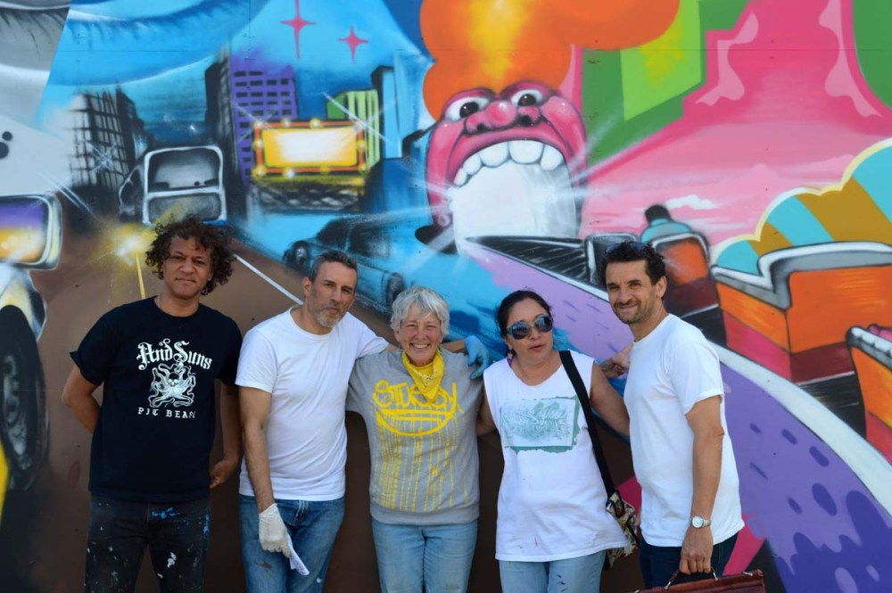 Daze, Crash, Martha Cooper, Lady Pink and Lee Quinones in front of the Daze Wall for Coney Island Walls